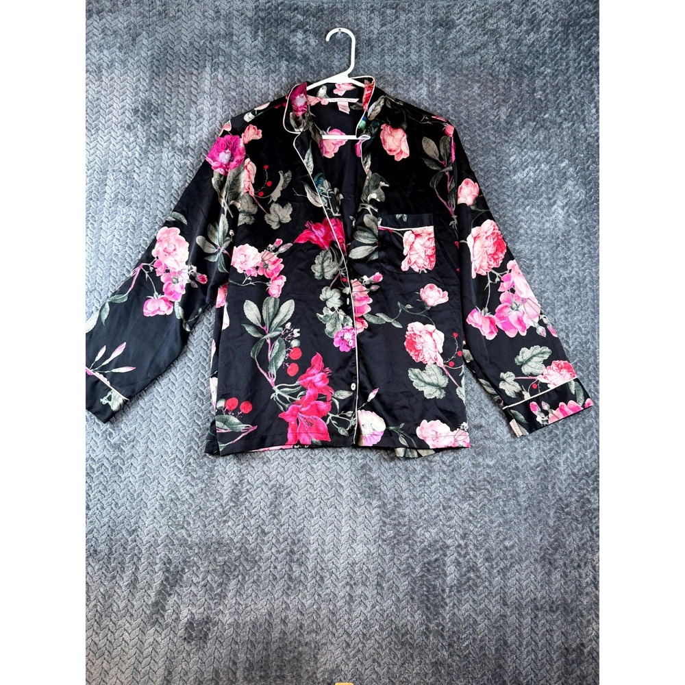 Victoria's Secret Pajama Top Womens Medium Black Floral Long Sleeve Button Front